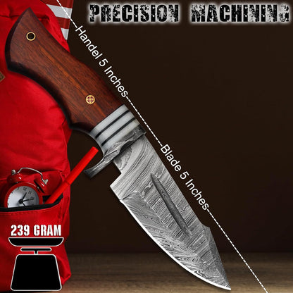 Damascus 10" Hunting Knife Rose Wood Handle