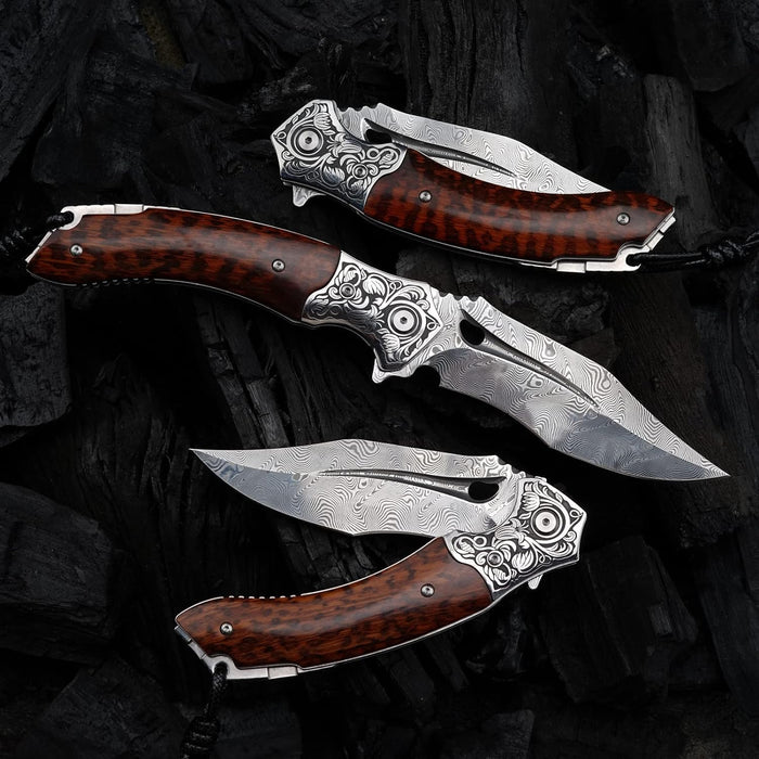 Engraved VG10 Damascus Pocket Knife | Personalized Folding Knife | Snake Wood Handle Knife NR41
