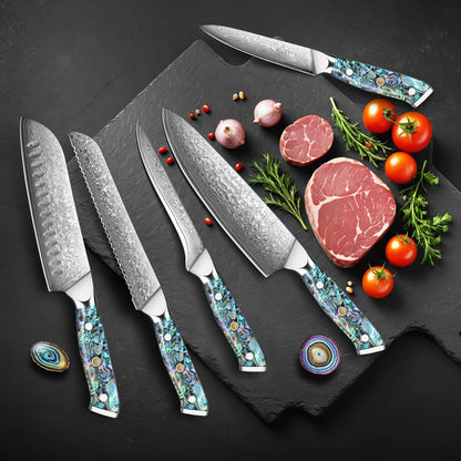 Engraved Damascus Knife Set Chef Kitchen Culinary Personalized Abalone Handle Knives