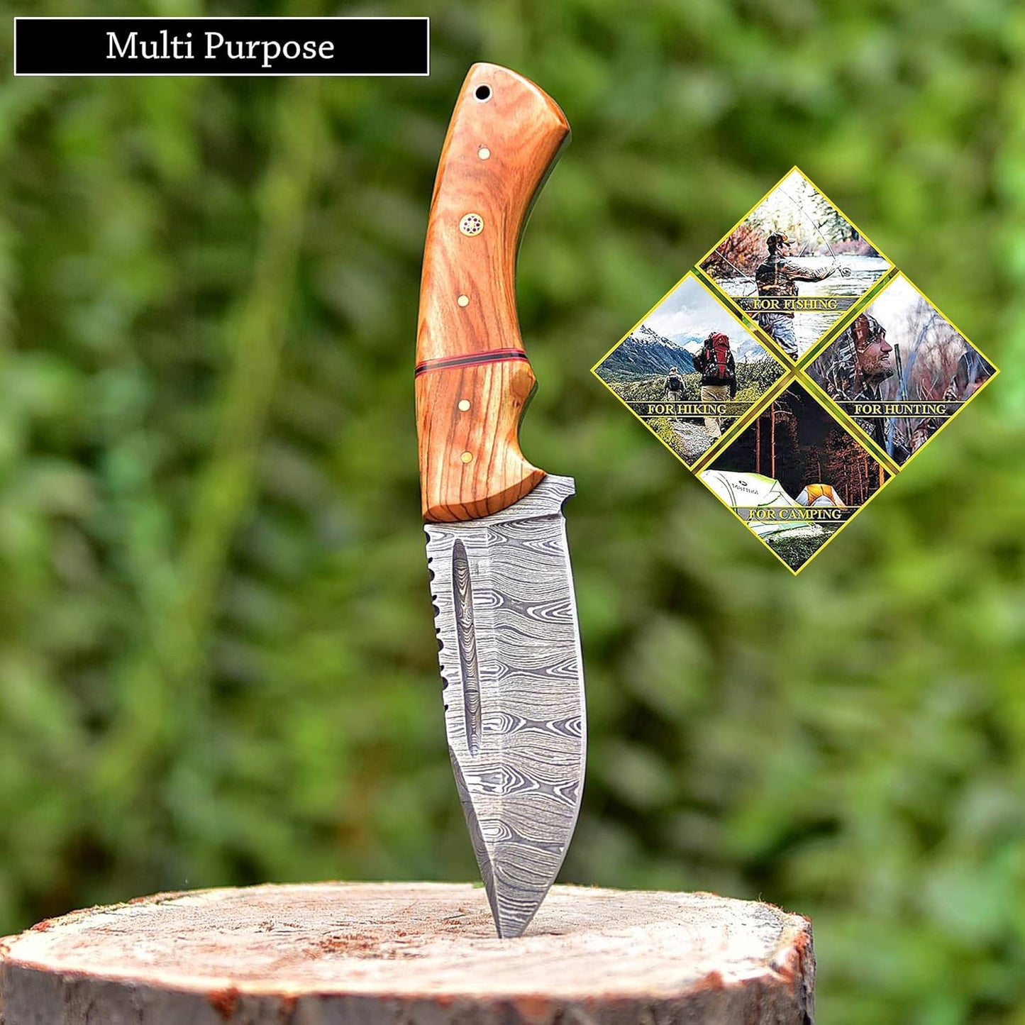 Olive Wood Handle 9.75" Damascus Hunting Knife