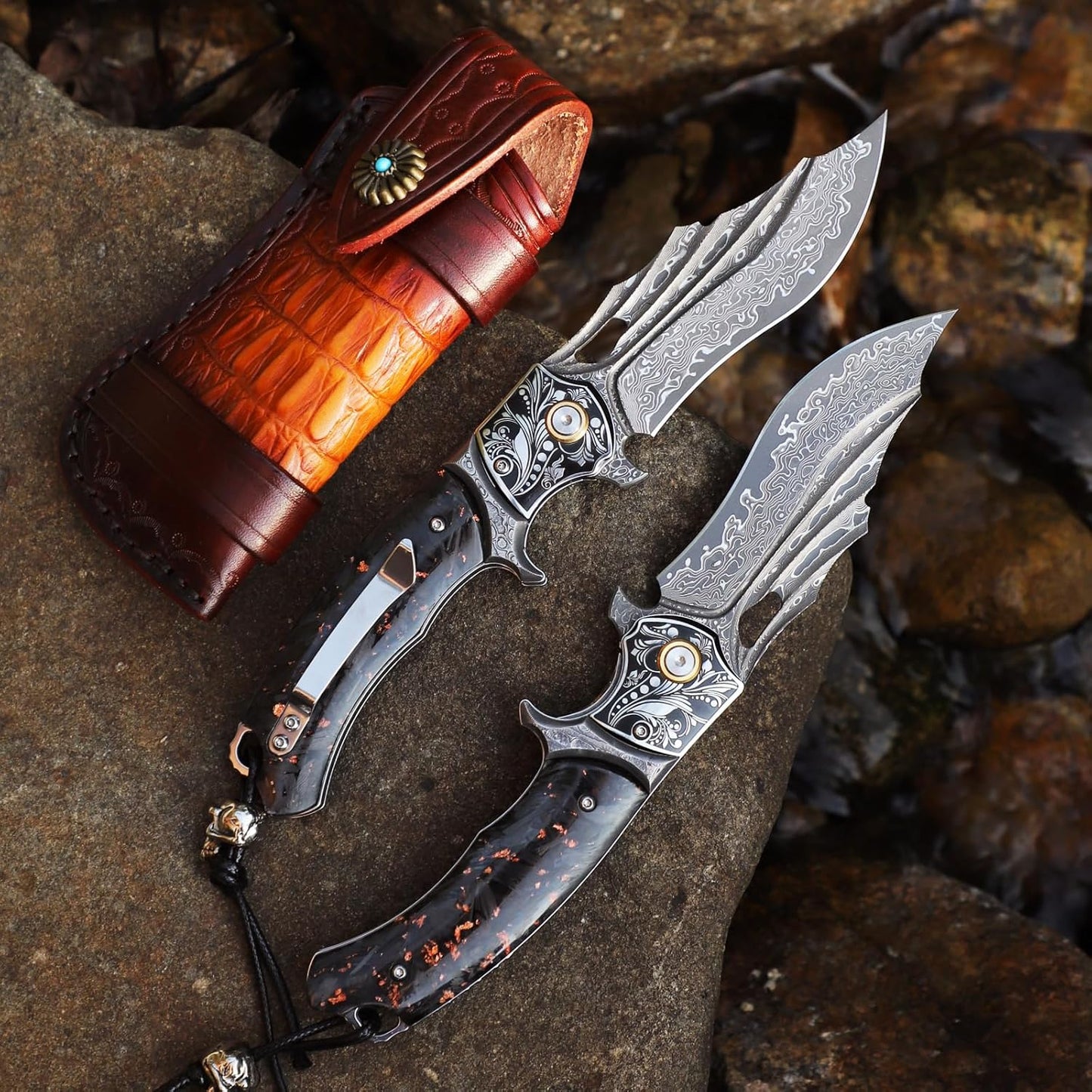 Gold Flake Damascus Pocket Knife Wave Pattern Engraved