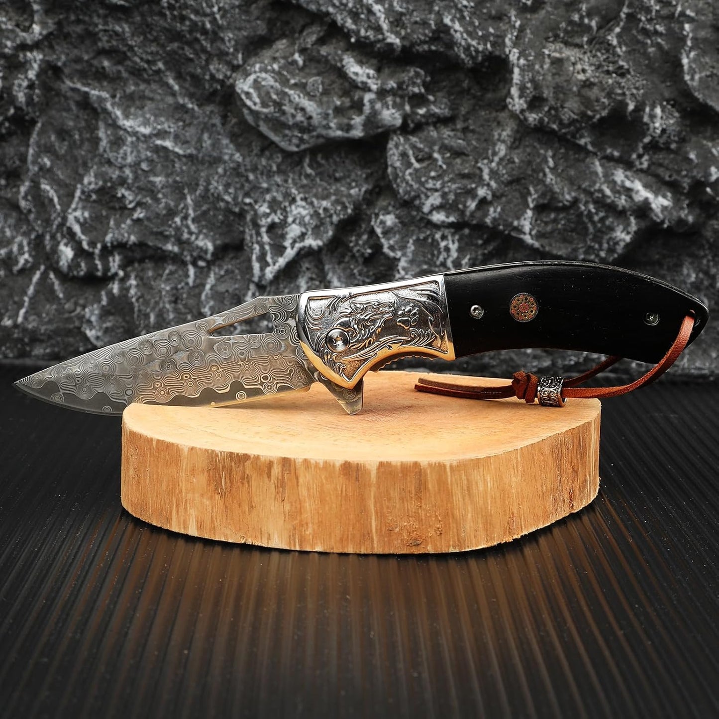 Damascus Pocket Knife Ebony Wood Handle 7.83" Knife