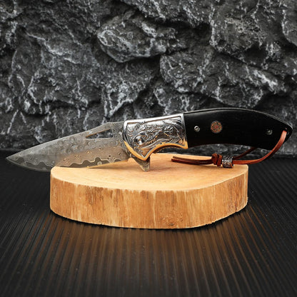 Damascus Pocket Knife Ebony Wood Handle 7.83" Knife