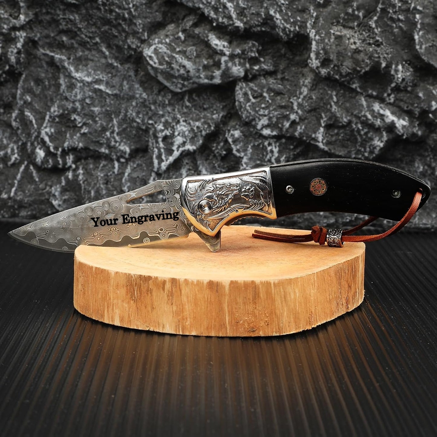 Damascus Pocket Knife Ebony Wood Handle 7.83" Knife