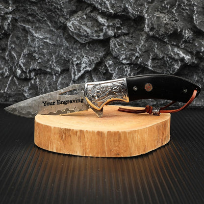 Damascus Pocket Knife Ebony Wood Handle 7.83" Knife
