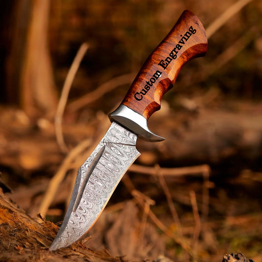 Burlwood Handle Damascus Hunting Knife