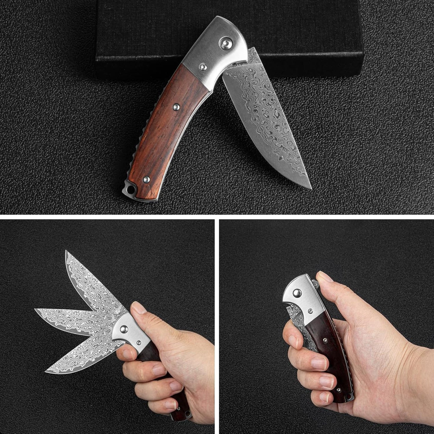 Damascus 7" Folding Knife Rose Wood Handle