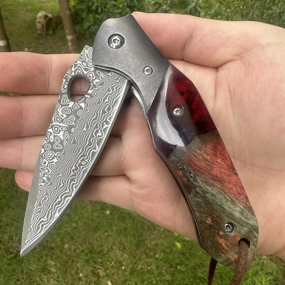 Walnut Wood & Resin Handle Engraved Damascus Pocket Knife