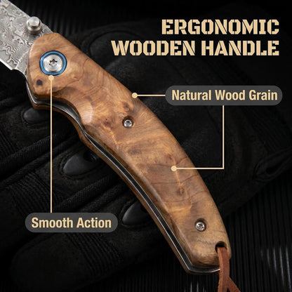 Personalized Damascus Pocket Knife – Burl Wood Handle