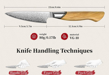 Engraved 3.7" Damascus Paring Knife Kitchen Olive Wood Handle