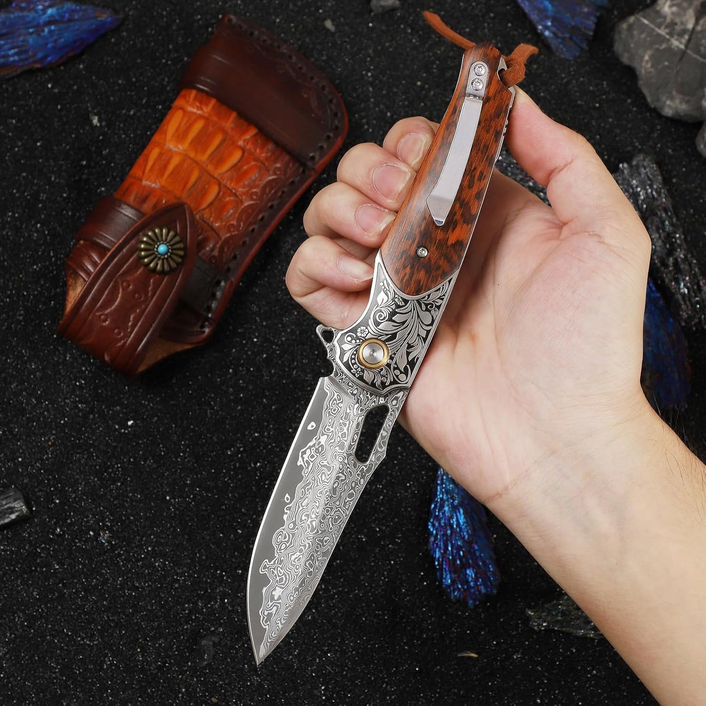 Engraved Damascus Pocket Knife Snake Wood Handle