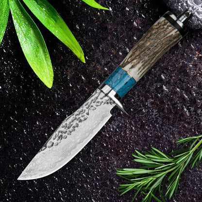 Deer Antler with Turquoise Handle 8" Damascus Hunting Knife