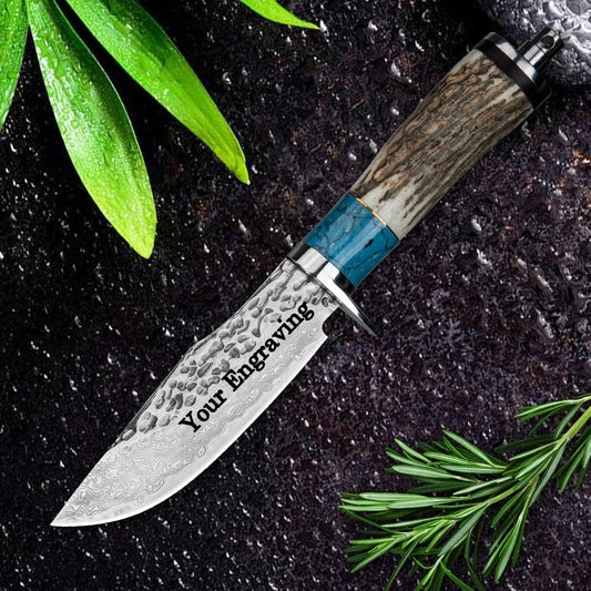 Deer Antler with Turquoise Handle 8" Damascus Hunting Knife