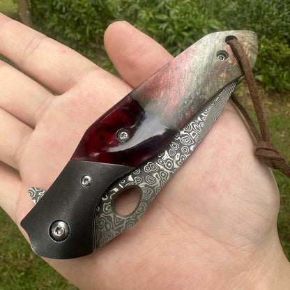 Walnut Wood & Resin Handle Engraved Damascus Pocket Knife