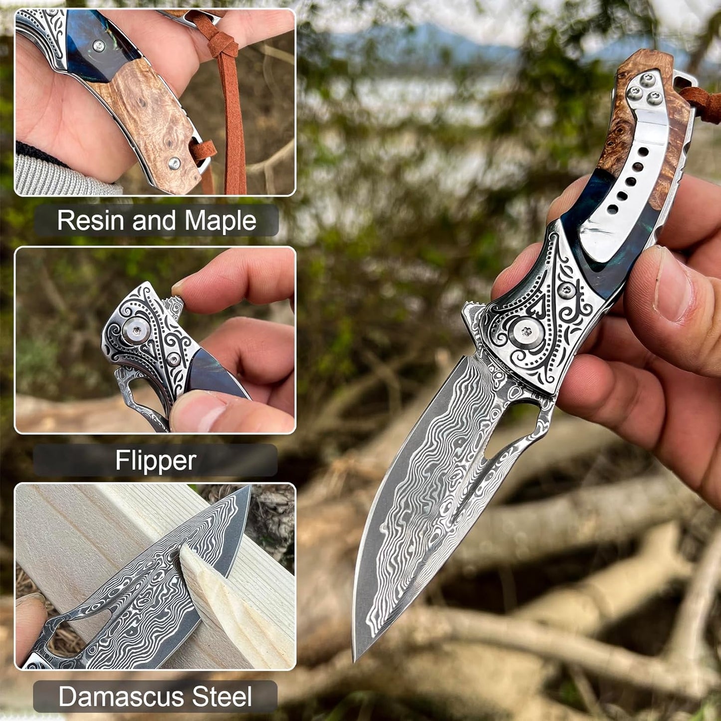 Damascus 6.5" Folding Knife Resin & Maple Wood Handle