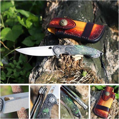 M390 Steel Pocket Knife Green Stable Wood Handle