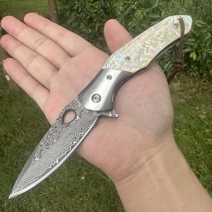 Tan Abalone Handle Engraved Damascus Pocket Knife