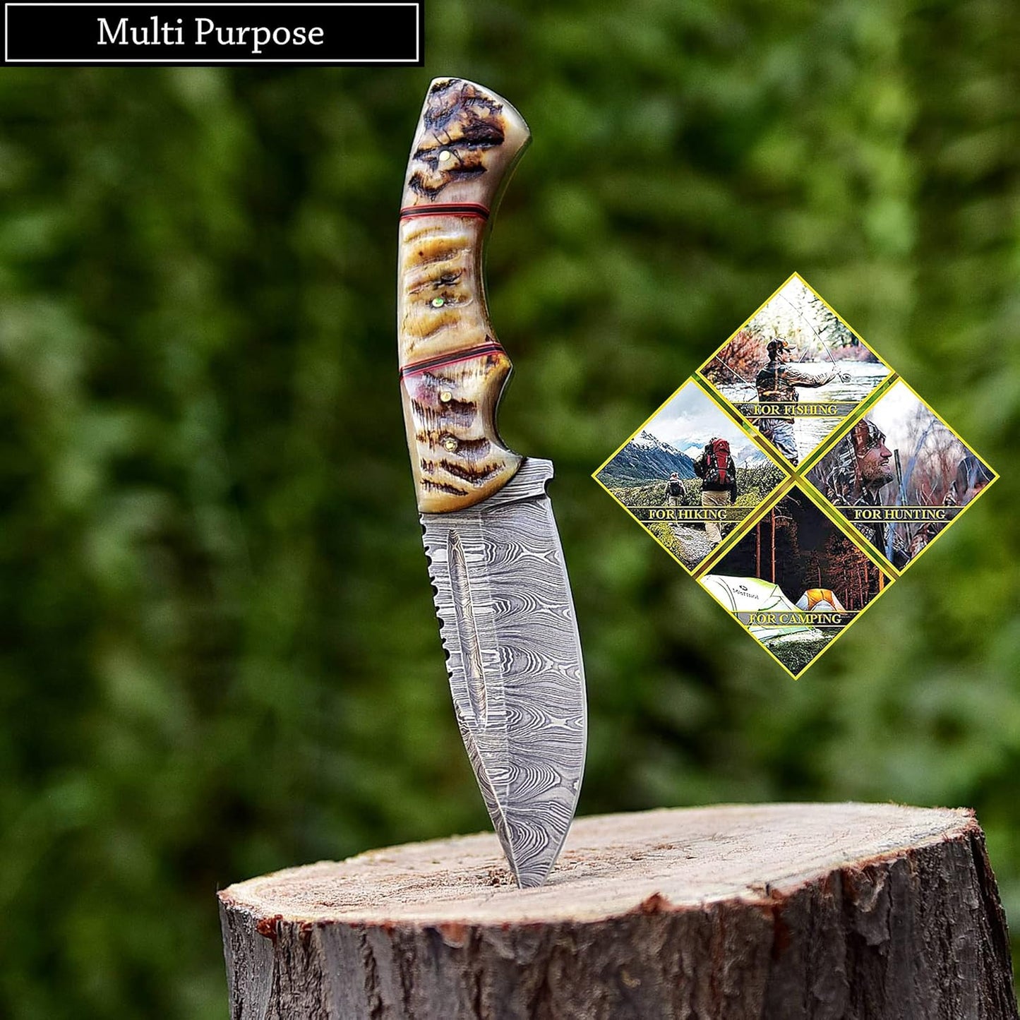 Ram Horn Handle 9.5" Damascus Hunting Knife