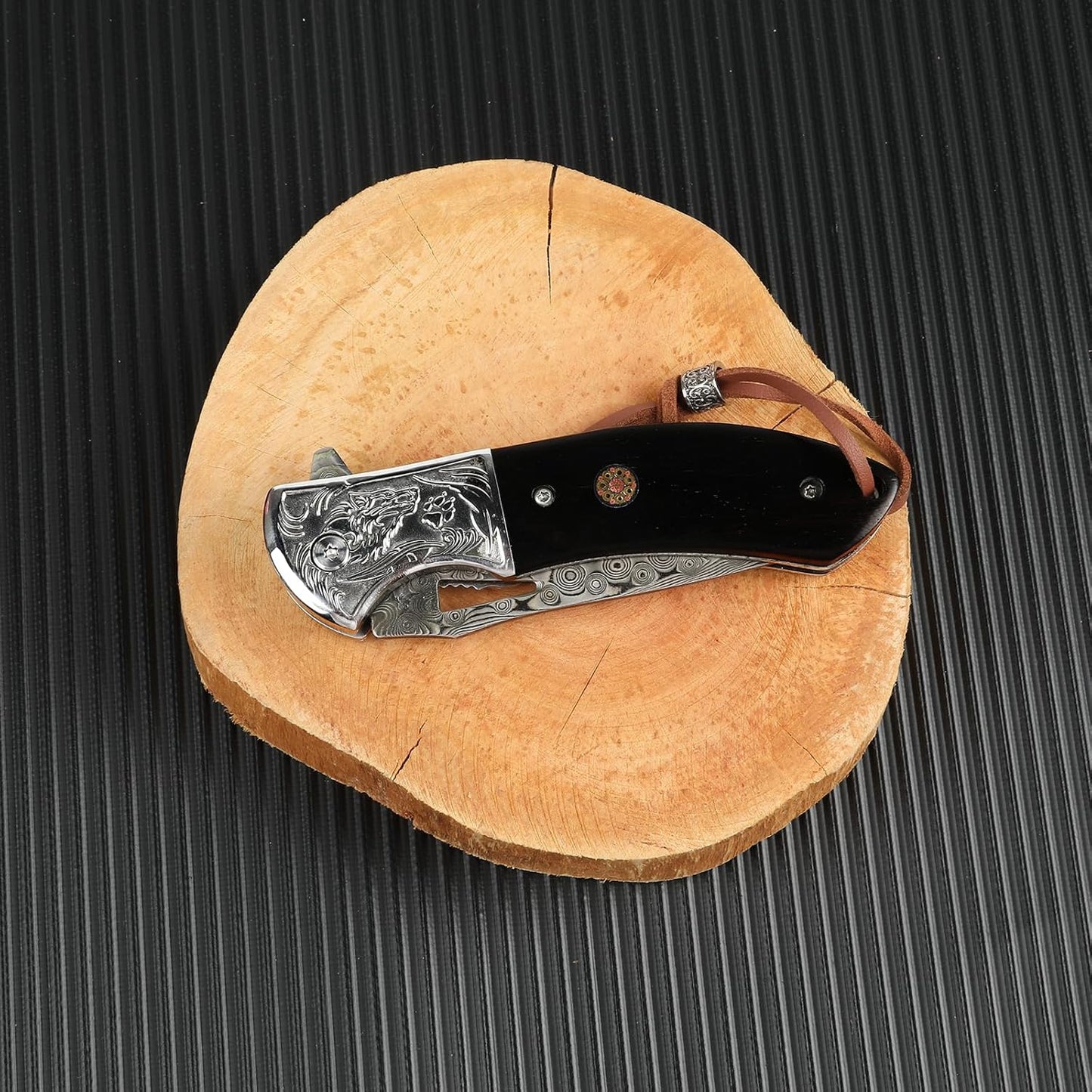 Damascus Pocket Knife Ebony Wood Handle 7.83" Knife