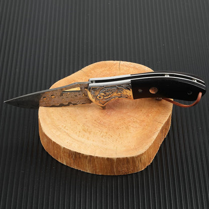 Damascus Pocket Knife Ebony Wood Handle 7.83" Knife