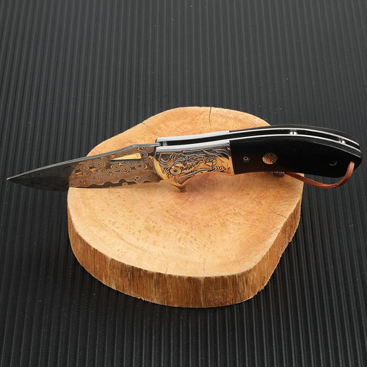 Damascus Pocket Knife Ebony Wood Handle 7.83" Knife