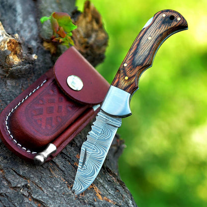 Walnut Wood Handle 6.5" Damascus Folding Knife