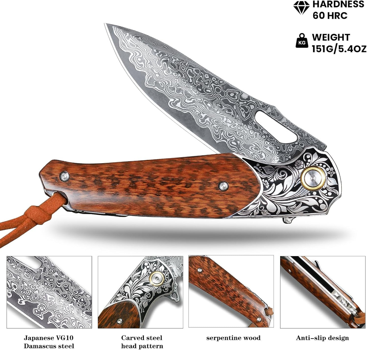 Engraved Damascus Pocket Knife Snake Wood Handle