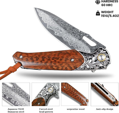 Engraved Damascus Pocket Knife Snake Wood Handle
