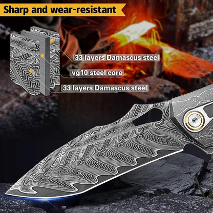 VG10 Damascus Pocket Knife Storm Motif Stabilized Wood Handle