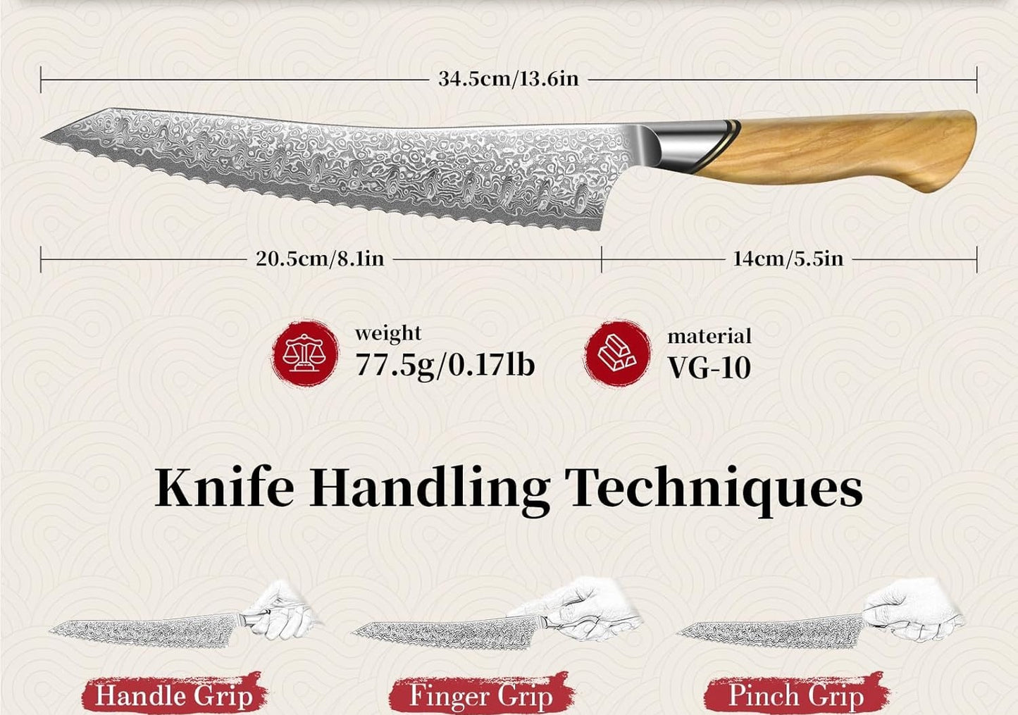 Engraved 8" Damascus Bread Knife Kitchen Olive Wood Handle