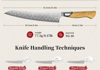Engraved 8" Damascus Bread Knife Kitchen Olive Wood Handle