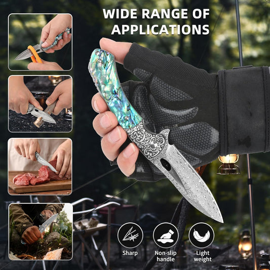 Abalone 3.54" Damascus Blade Folding Knife