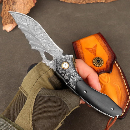 Damascus Folding Knife: Ebony Wood Handle, Engraved Pocket Knife Personalized