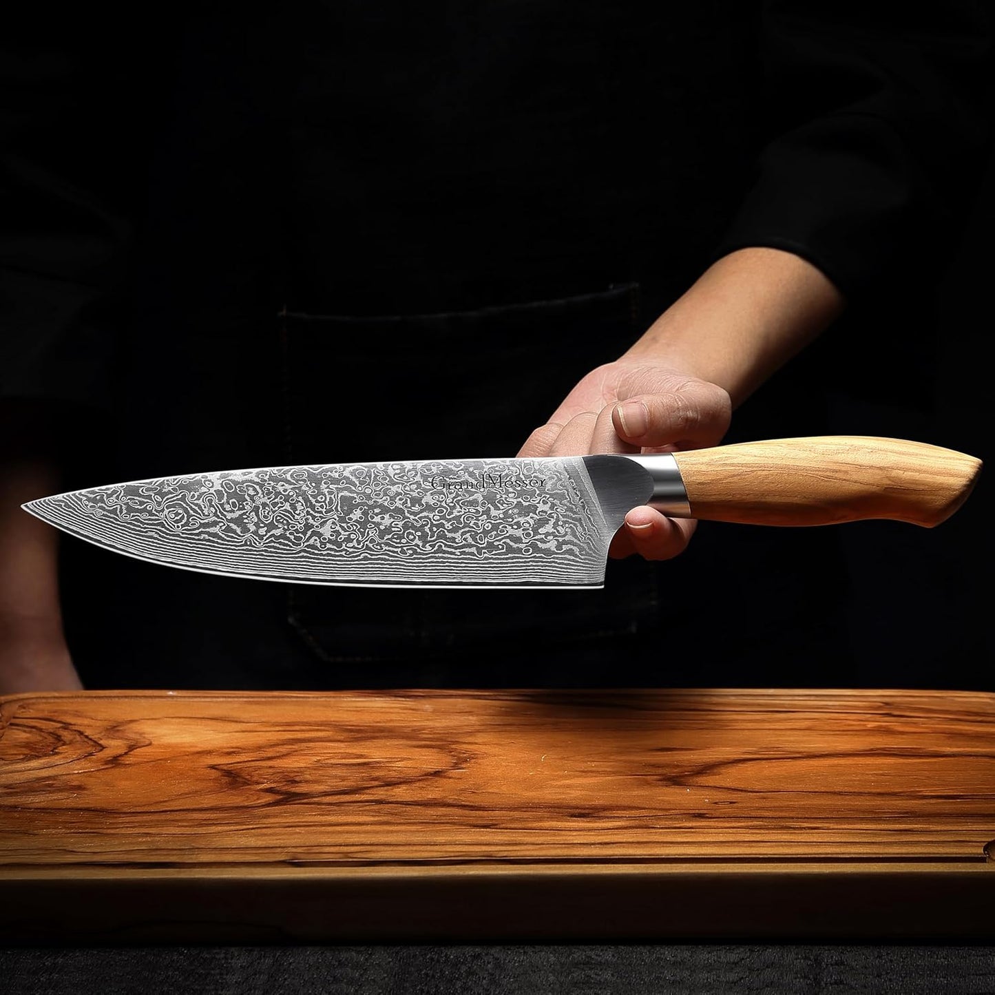 Engraved 8" Damascus Chef Knife Kitchen Olive Wood Handle
