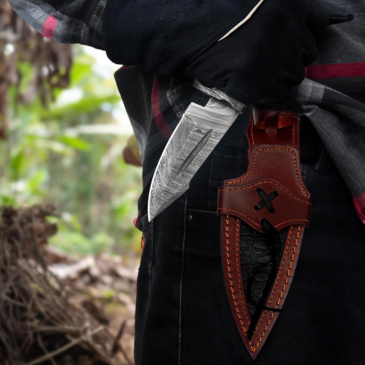 Damascus 10" Hunting Knife Rose Wood Handle