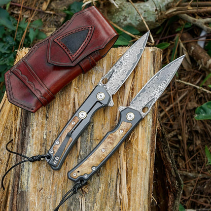 Maple Wood Inlay 3.46" Damascus Pocket Knife