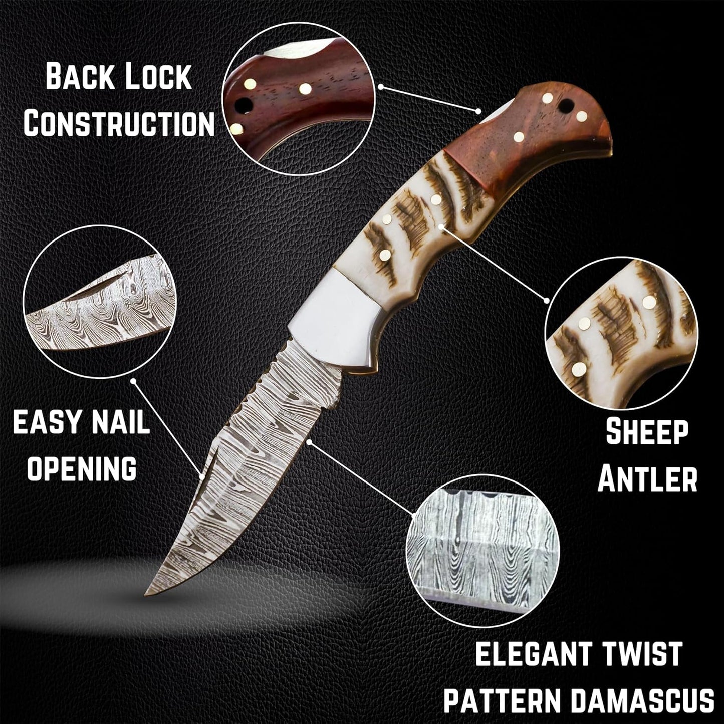 Ram Horn & Rosewood Handle 6.5" Damascus Pocket Knife