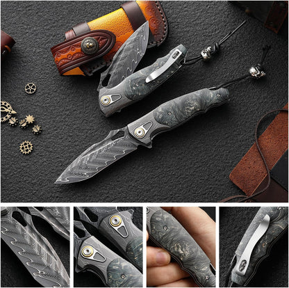 VG10 Damascus Pocket Knife Storm Motif Stabilized Wood Handle