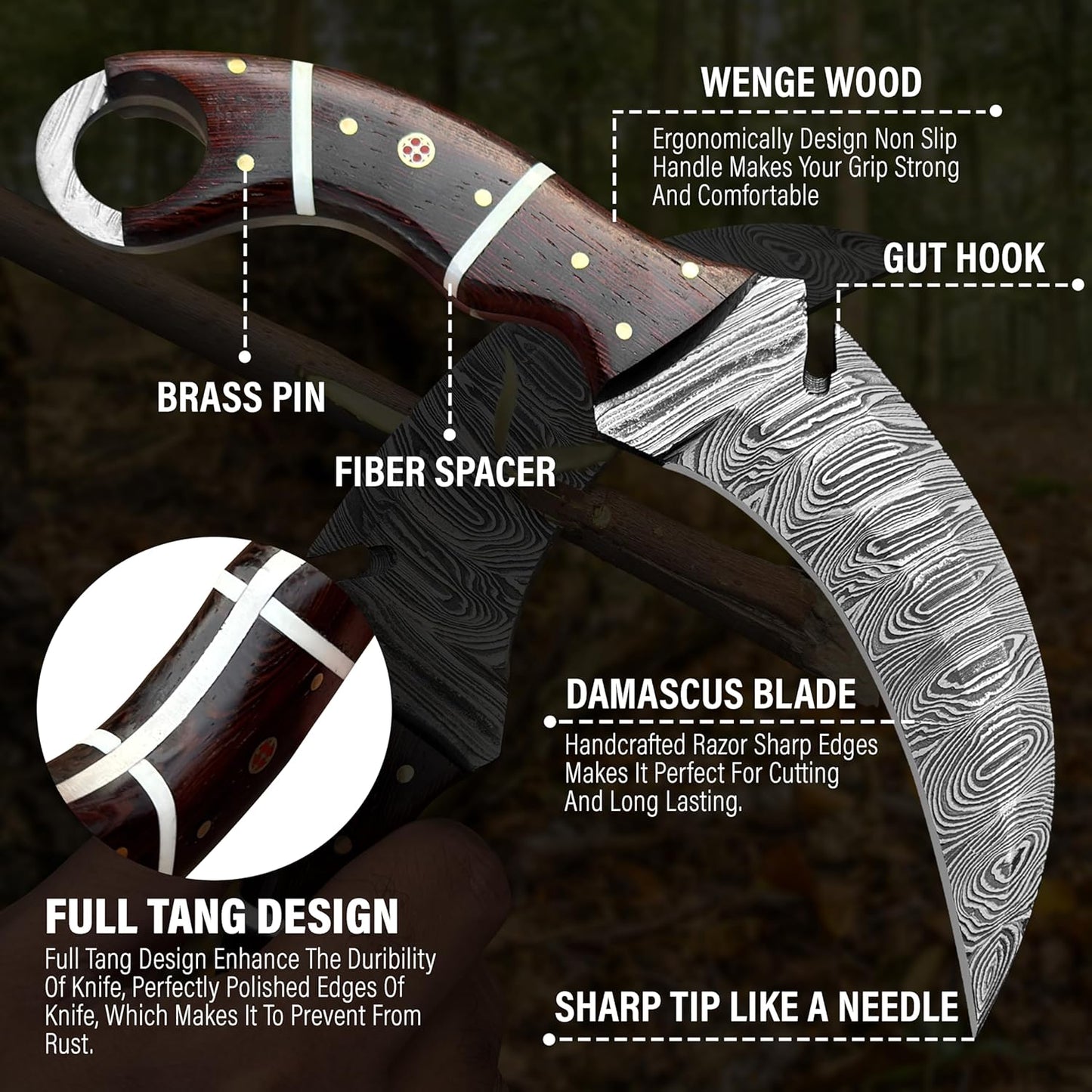Wenge Wood Handle Damascus Karambit Hunting Knife
