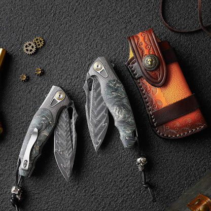 VG10 Damascus Pocket Knife Storm Motif Stabilized Wood Handle