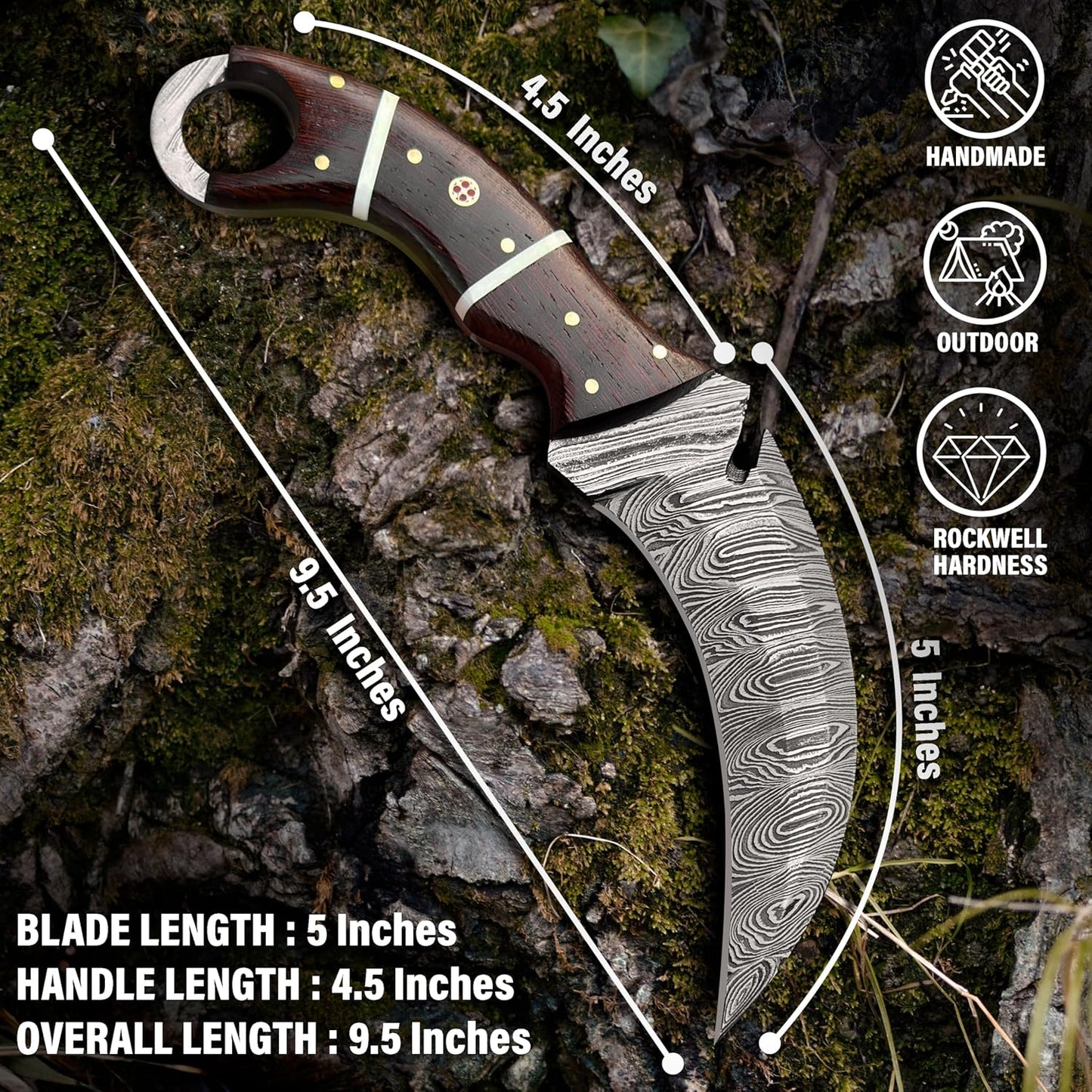 Wenge Wood Handle Damascus Karambit Hunting Knife