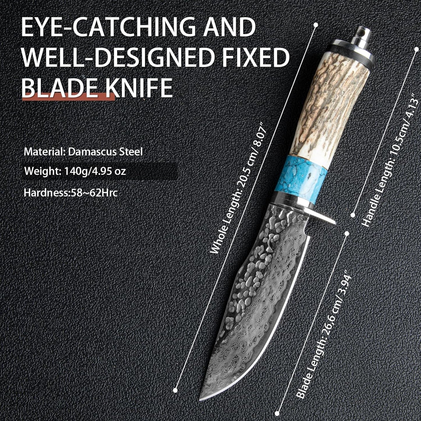 Deer Antler with Turquoise Handle 8" Damascus Hunting Knife
