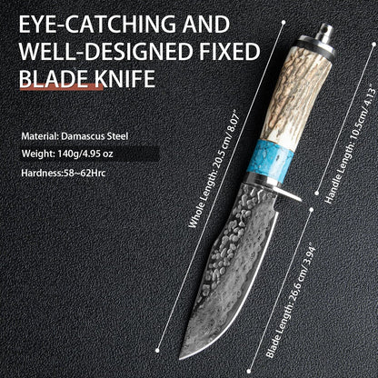Deer Antler with Turquoise Handle 8" Damascus Hunting Knife