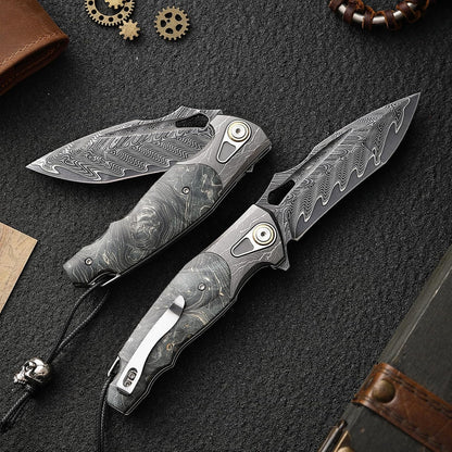 VG10 Damascus Pocket Knife Storm Motif Stabilized Wood Handle