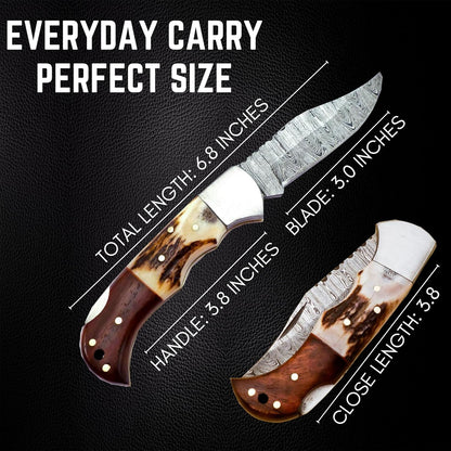 Deer Antler & Rosewood Handle 6.5" Damascus Pocket Knife