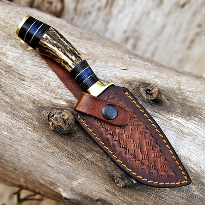 Small 4"Damascus Hunting Knife Antler Horn Handle