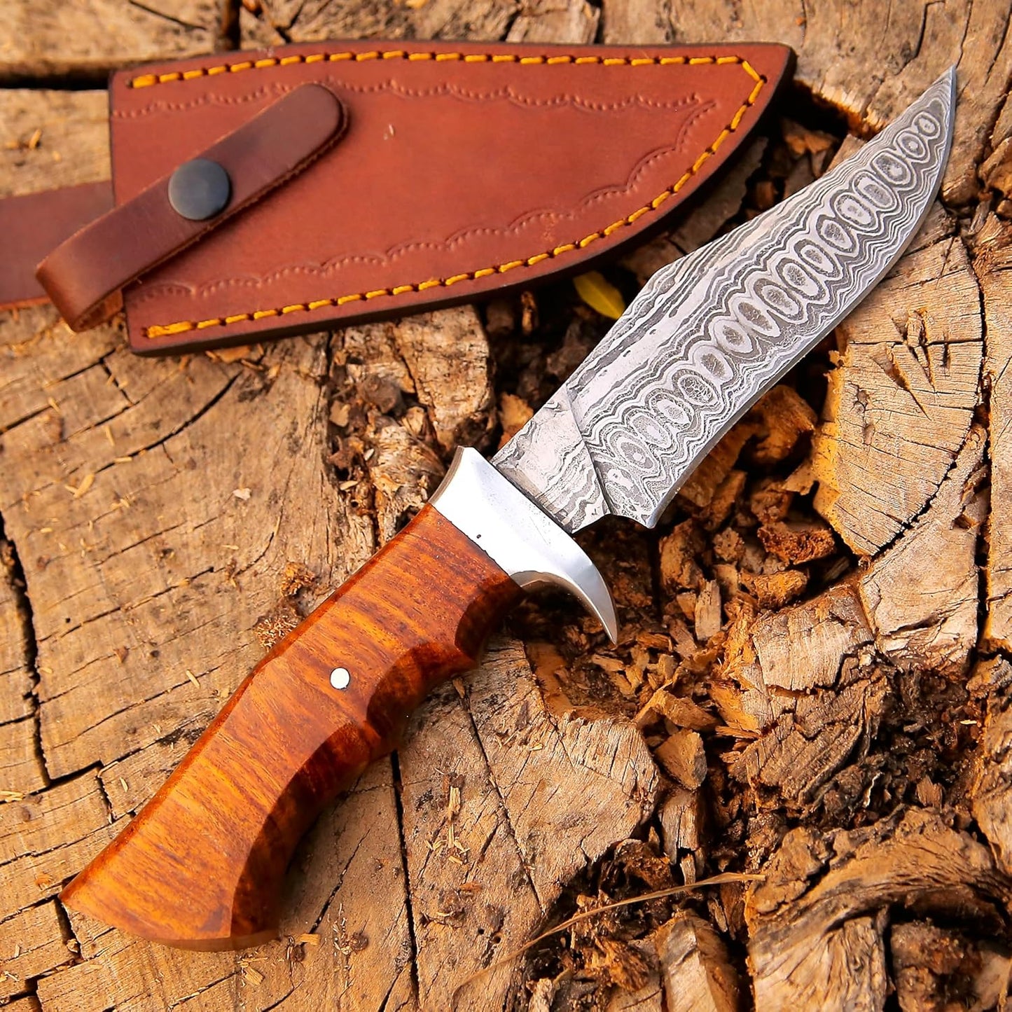 Burlwood Handle Damascus Hunting Knife