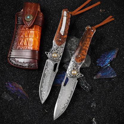 Engraved Damascus Pocket Knife Snake Wood Handle