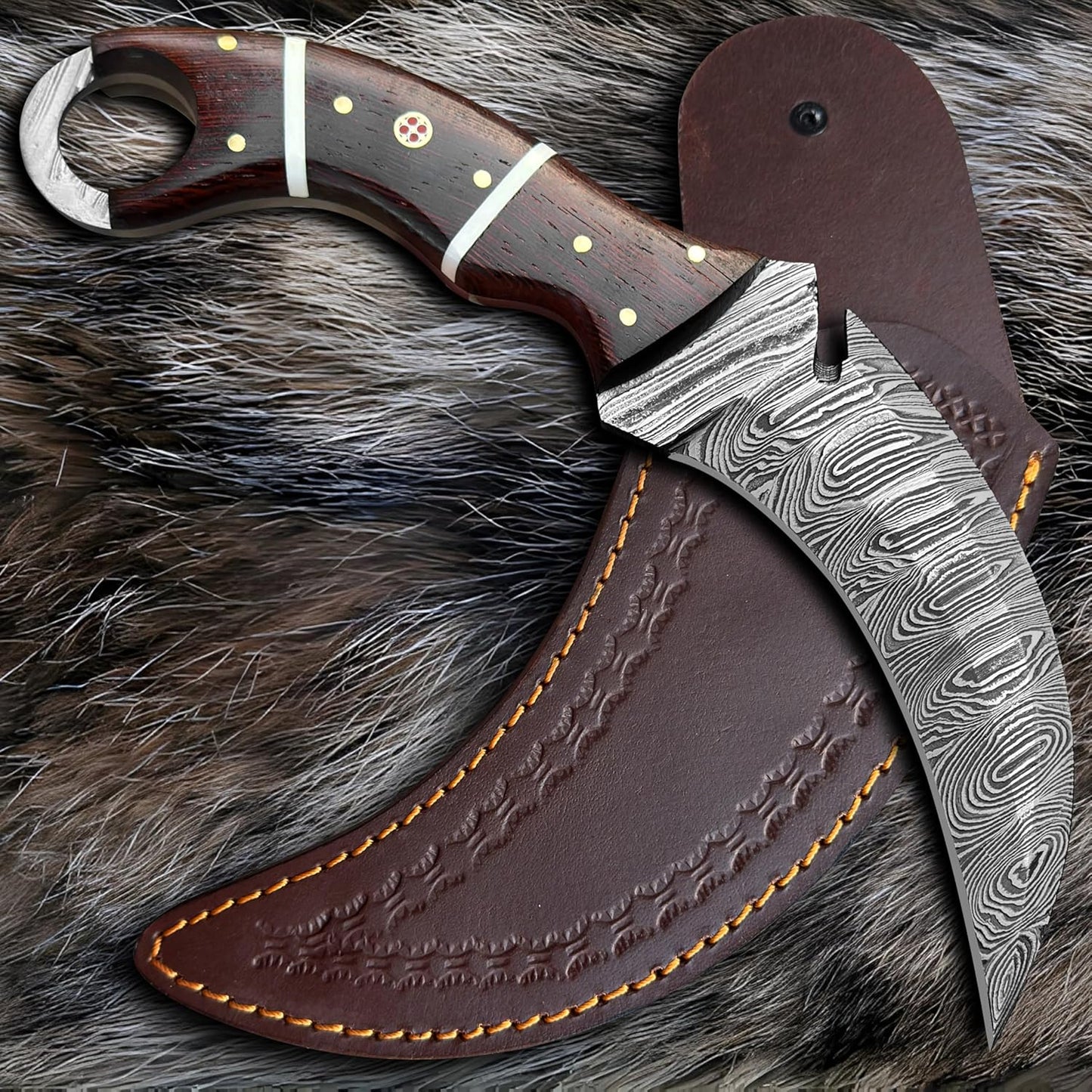 Wenge Wood Handle Damascus Karambit Hunting Knife