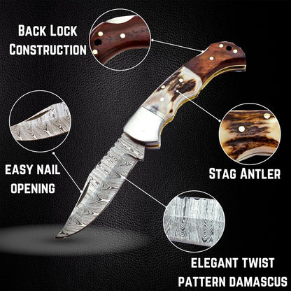 Deer Antler & Rosewood Handle 6.5" Damascus Pocket Knife